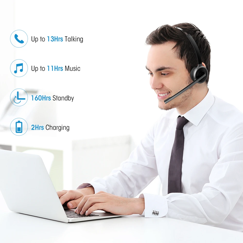 Mpow M5 Bluetooth 5 0 Headset Wireless Over Head Noise Canceling Headphones With Crystal Clear Microphone For Trucker Driver