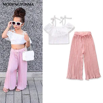 

Fashion Girls Clothing Set 2020 Cute Girls New White Sling Top + Pink Wide Stripe Pants 2pcs Set Girls Clothes Suit Kids Clothes