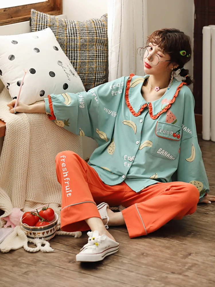 JRMISSLI хлопковый длинный пижамный комплект для женщин с принтом фруктов m-xxl большой размер пижамы ночные рубашки мягкие домашние пижамы Нижнее белье Женская пижама - Color: Sky blue