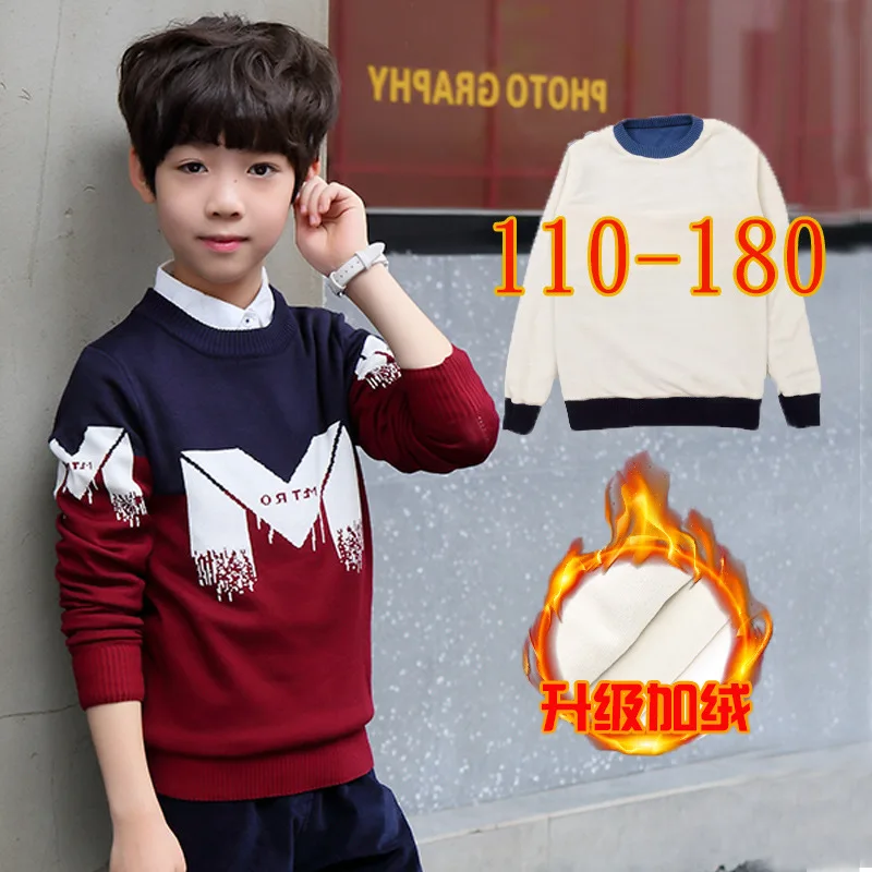 

Childrenswear 2018 Fall And Winter Clothes New Style BOY'S M plus Velvet Sweater Middle And Large Children Knitted Sweater