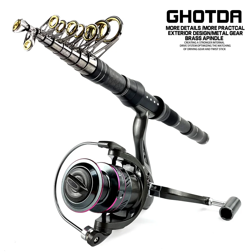 

Short Carbon Telescopic Fishing Rod Rock Pole and Metal Spool Spinning Reel Fishing Rods Reels Set