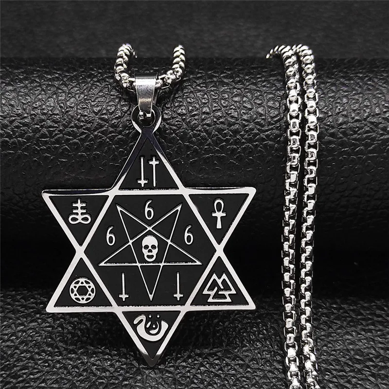 666 Satan-Schädel Hexagramm Edelstahl-Halsketten Schwarz Silberfarben Umgekehrtes Pentagramm Halskette Schmuck Bijoux N2748S03 – Detail 9