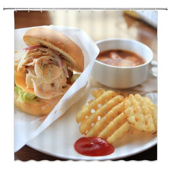 

Food Burger fries Printed Shower Curtain 3d Bath Curtains Waterproof Polyester Fabric Washable Bathroom Screen With Hooks