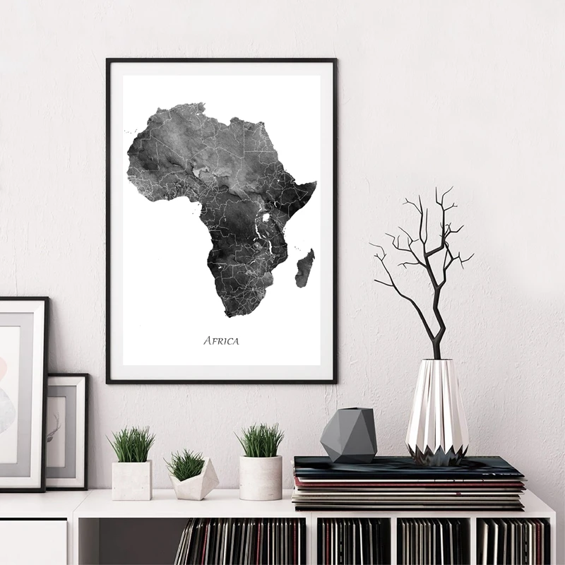 Africa-map-posters-and-prints-map-travel-wall-art-canvas-painting-gray-black-white-living-room (2)