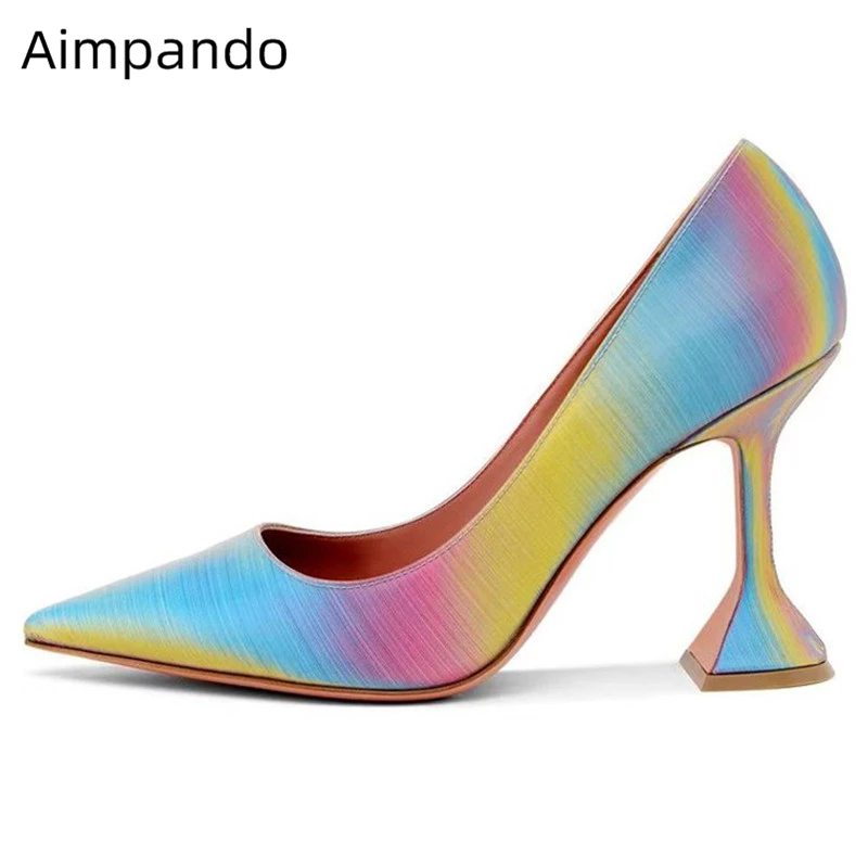 

New 2020 Spring Gradient Color High Heels Women Individual Goblet Heel Sexy Point Toe Crystal Sunflower Buckle Pumps Women