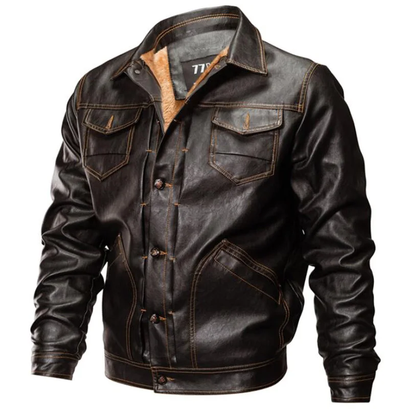 Брендовая новая кожаная куртка для мужчин, модные утепленные флисовые зимние куртки с карманами, мужская верхняя одежда, ветрозащитные уличные панк байкерские куртки - Цвет: Коричневый