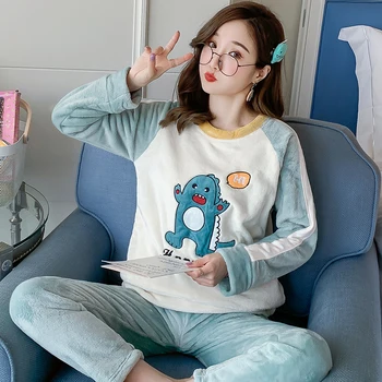 

Pajama Sets Women Flannel Velvet Thick Soft Round Neck Warm Winter Womens Clothing Kawaii Printed Loose Full Length Fashion Chic