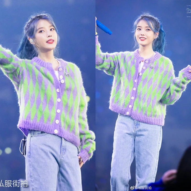 2020 Purple Green Rhombus Mohair Cardigan Sweater Women Knitted Sweater Korean Lazy Wind Sweater Women 2020 Purple Green Rhombus Mohair Cardigan Sweater Women Knitted Sweater Korean Lazy Wind Sweater Women