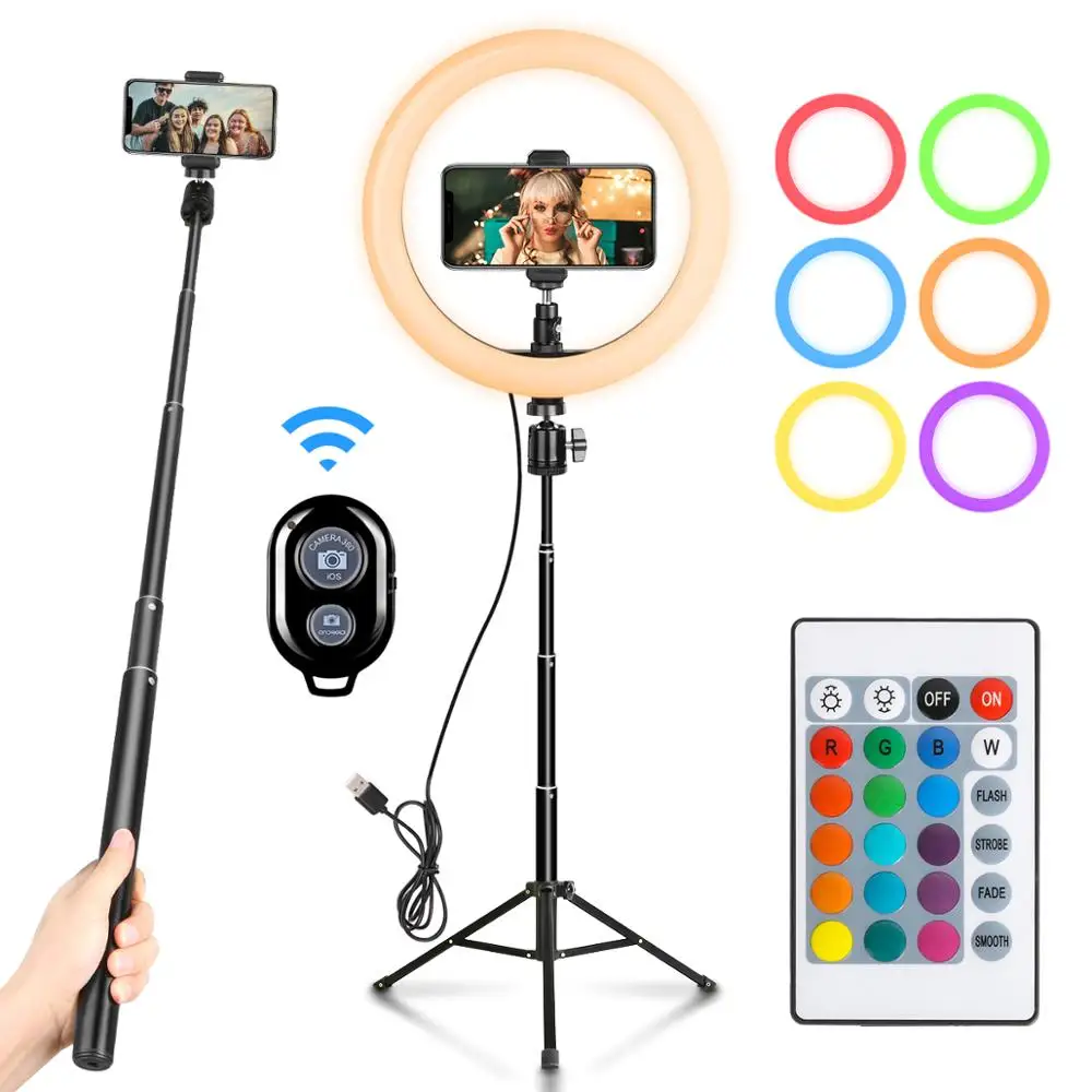 

10 inch RGB with remote control ring light + phone clip + Bluetooth remote control + 1.5 meters rotating bracket Tripod