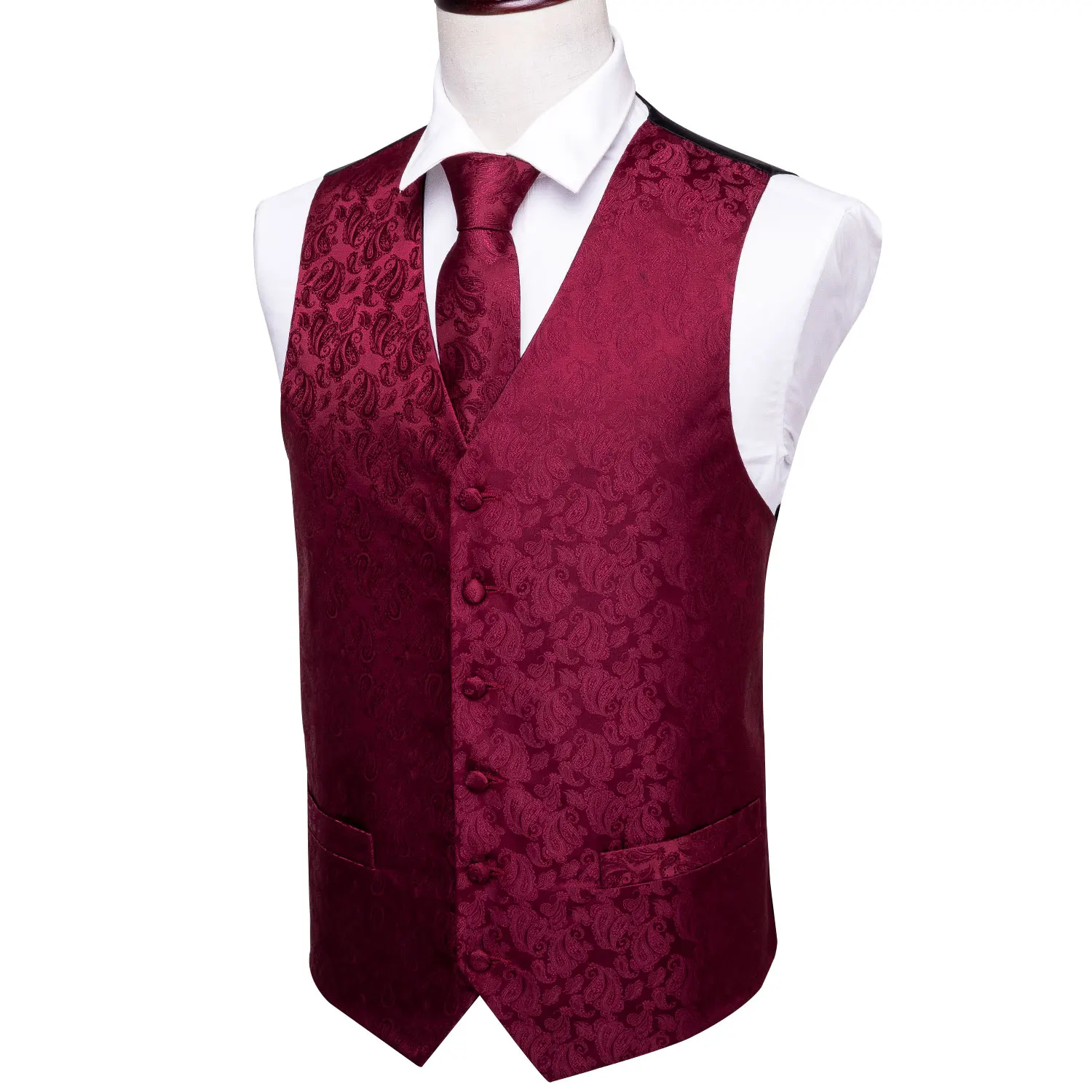 Mens Silk Vest Classic Party Wedding Red Paisley Solid Floral Jacquard Waistcoat Vest Pocket Square Tie Slim Suit Set Barry.Wang