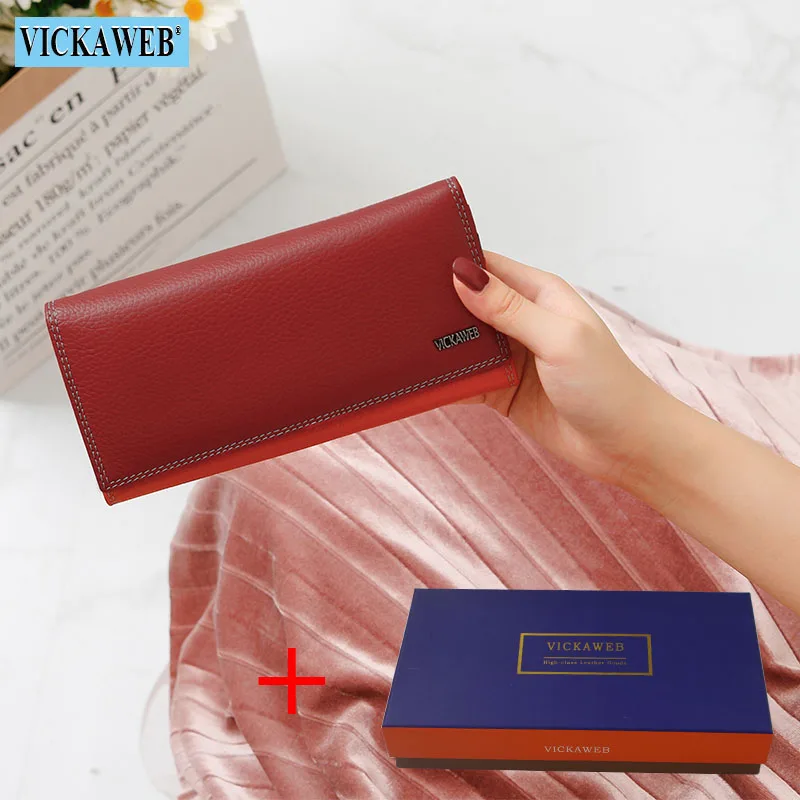 Date Red and Box VICKAWEB, женский кошелек, длинный, из кусков, натуральная кожа, кошелек для денег, дамские модные кошельки, женские кошельки на застежке и молнии - Цвет: Date Red and Box