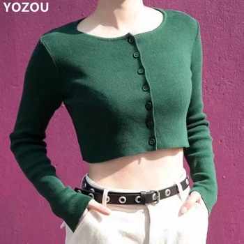 

Harajuku long sleeve knitwear candy color black green cardigan solid single breasted cropped cardigan sweater YL-51