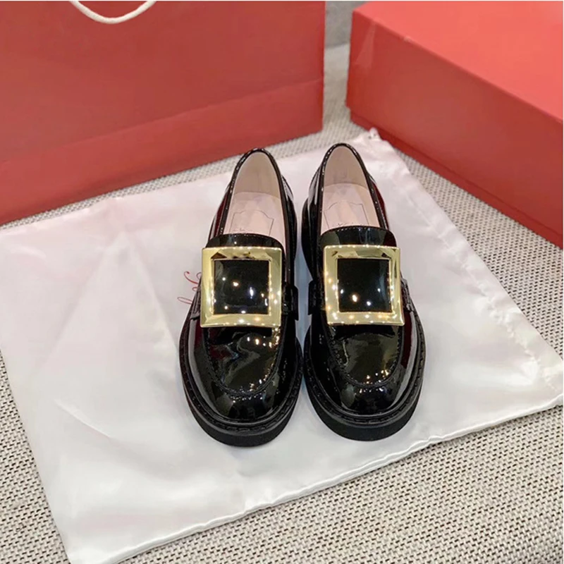 Japanned leather oxfords shoes woman metal crystal buckle flats creepers slip-on round toe loafers casual solid shine moccasins women oxford shoes