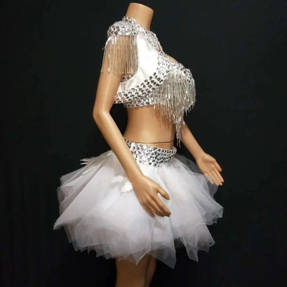 Женская мода, кристаллы, кисточки, открытая верхняя одежда с белой сеткой, короткая юбка, женские вечерние платья, Одежда для танцев