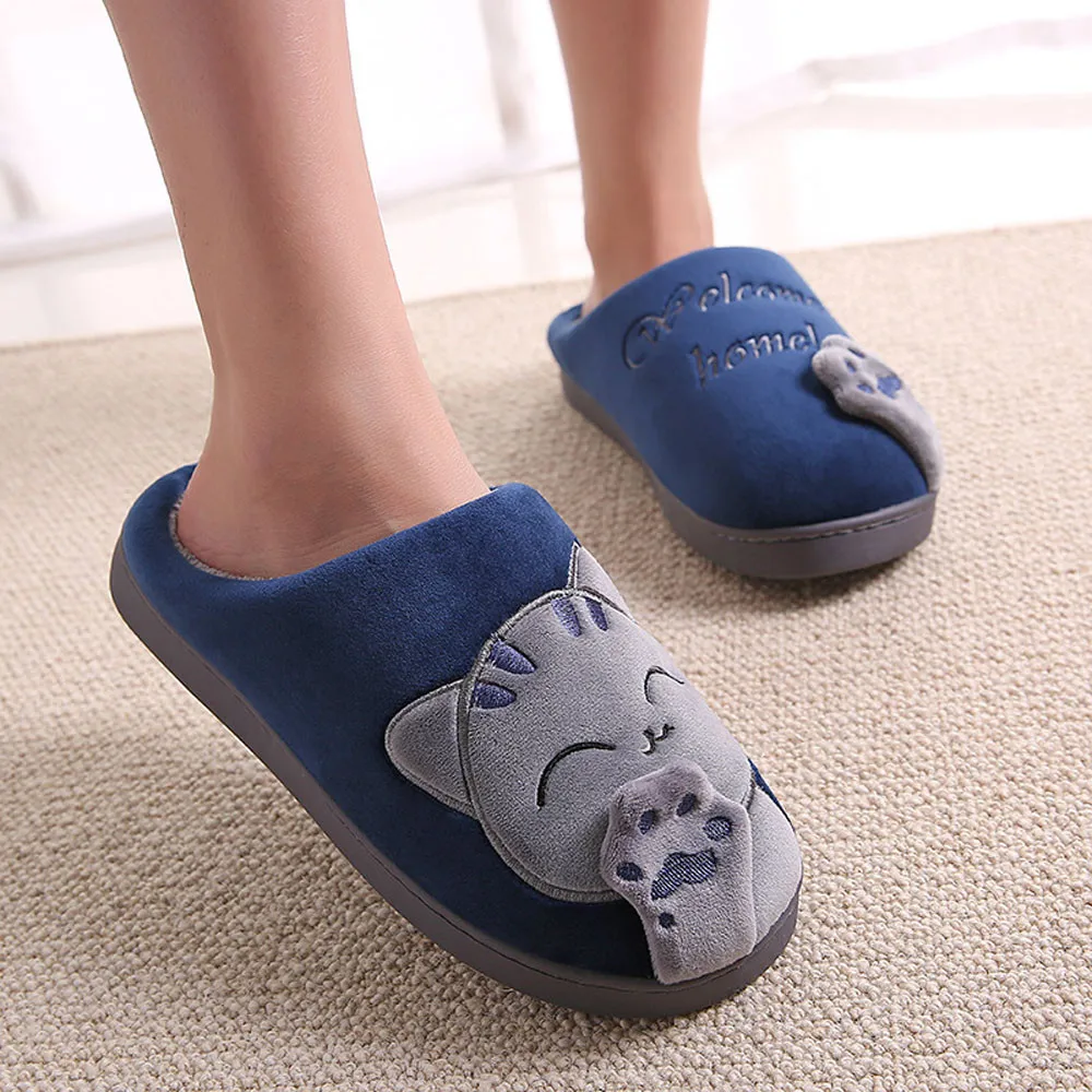 Men Winter Home Slippers Cartoon Cat Non-slip Warm Indoors Bedroom Floor Shoes Male House Bedroom Slippers Warm Winter Cotton