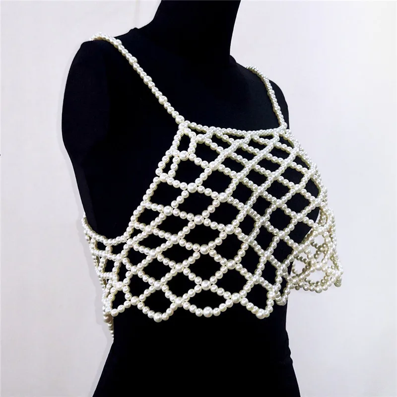 Сексуальная Женская верхняя часть костюма с жемчугом, укороченный, открытые, вечерние, Клубные, летние, короткий топ, пляжные жилеты, женская одежда SX017S50