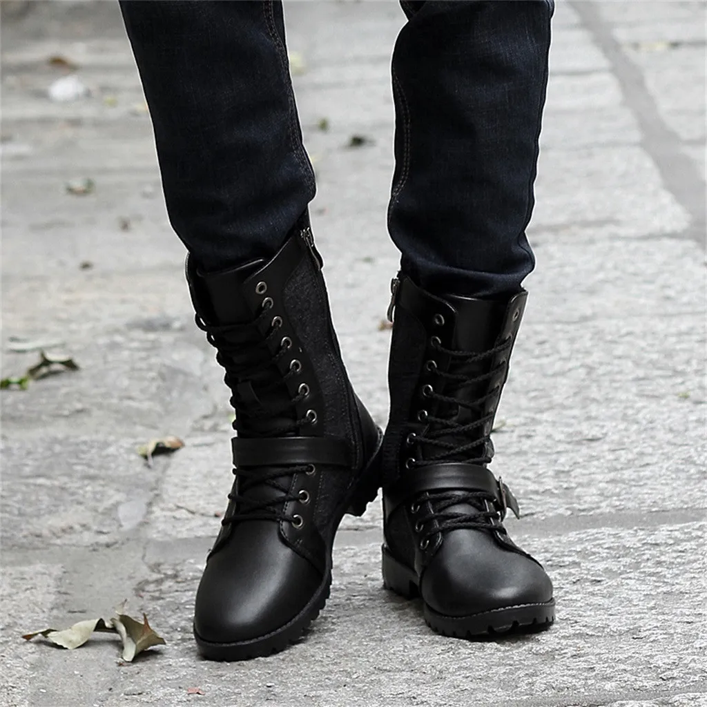 SAGACE Для мужчин с высоким берцем Мужские ботинки в байкерском стиле; Модные ботильоны с высоким голенищем круглый носок с однотонные черные ботинки «мартенс»