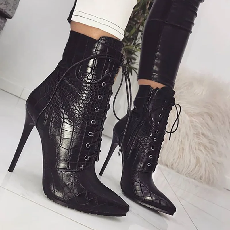 

Snakeskin Grain Ankle Boots For Women High Heels Fashion Pointed Toe Ladies Sexy Black Shoes 2020 Hot Sale Lace-Up Bota Footwear