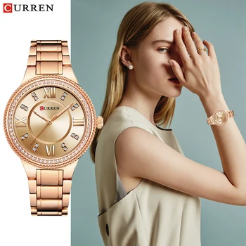 

CURREN Women Watches Top Brand Luxury Stainless Steel Ladies Quartz Rhinestone Bracelet Wristwatches Ladies Dress Clock