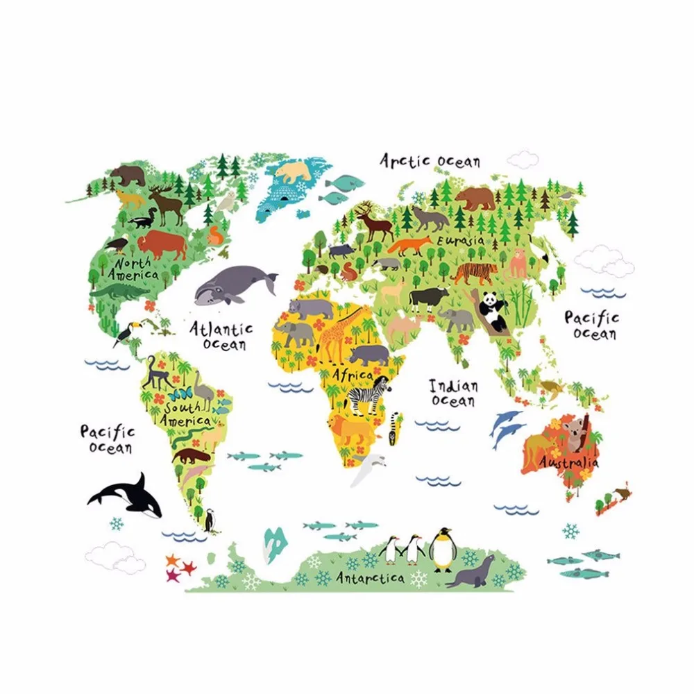 

2017 Animal World Map Wall Sticker Household Decal for Kids Baby Room Living Room Decal Mural Art Diy Wall Art Decorations