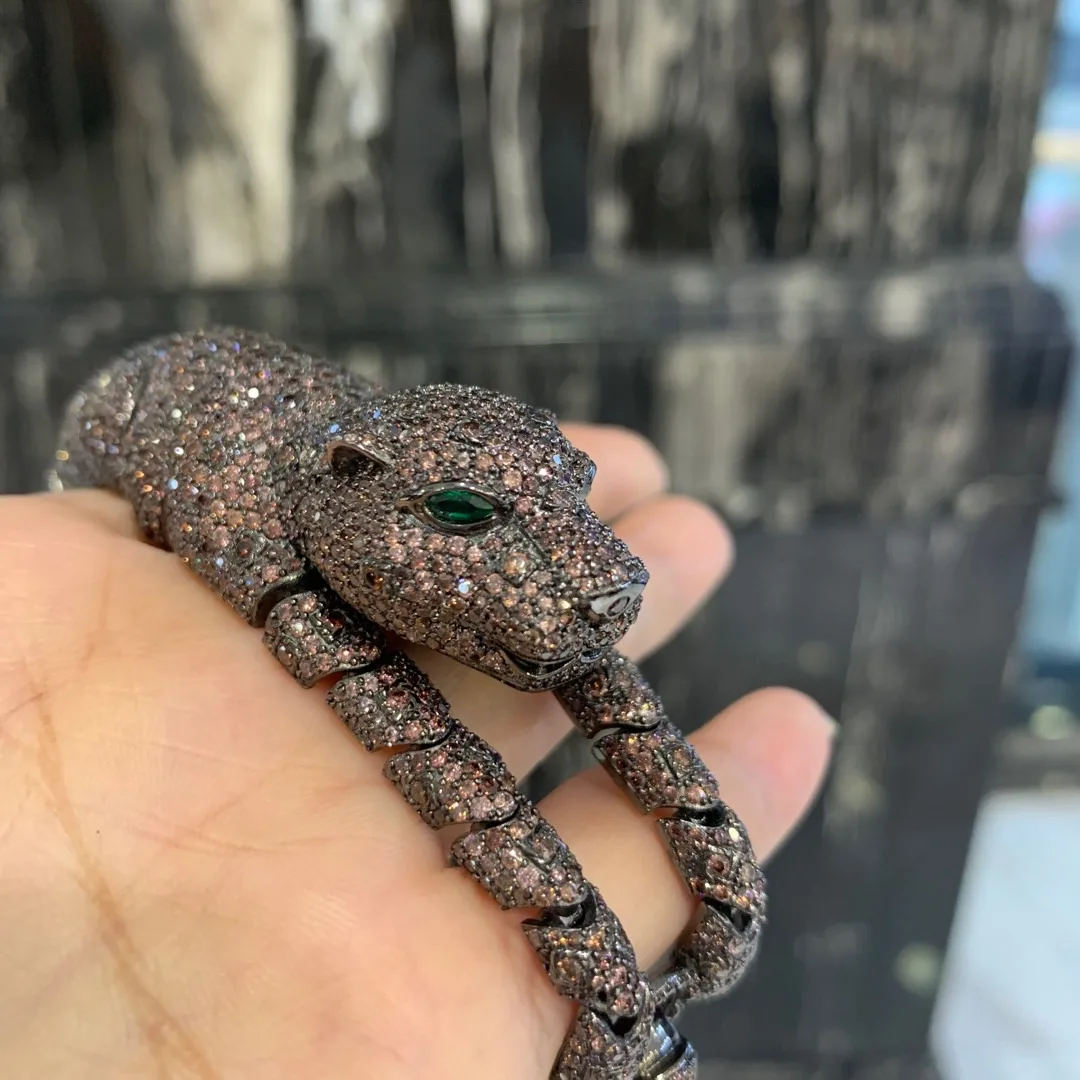 Panther Head Design in Silver Bracelet with CZ Diamonds