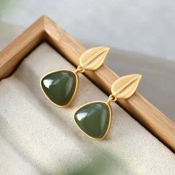 

Silver inlaid natural Hetian chalcedony Earrings Chinese style retro geometric leaves elegant light luxury women's brand jewelry