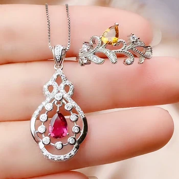 

Per jewelry Natural tourmaline flower style jewelry set 1pc 0.3ct ring 1pc 0.6ct necklace pendant 925 sterling silver R203205
