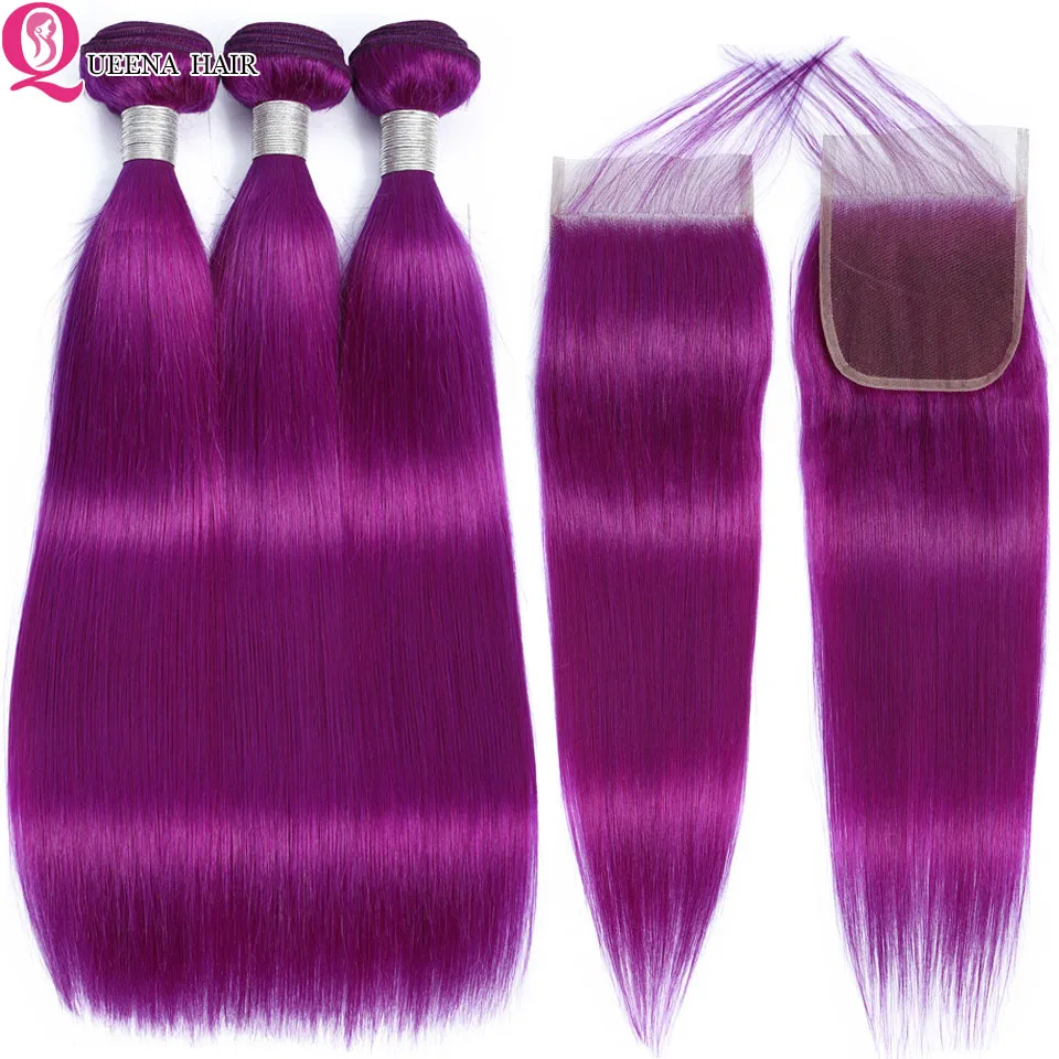 

Queena Peruvian Straight Hair Purple Bundles With Closure Colored Human Hair 4*4 Lace Closure With Bundles Remy Hair Extensions
