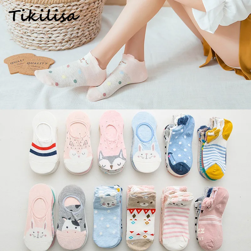 5 Pairs Lot Cotton Women Socks Female Casual Boat 3D Pack Cartoon Harajuku Unicron Cat Cute Invisiable Funny Girl Ankle Sock Set