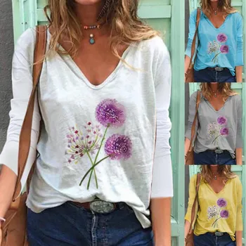 

Deep V-neck dandelion print autumn blouse Women Fashion Casual Print Long Sleeve V-neck Blouse With Tops summer winter
