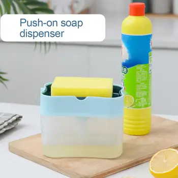 

2-in-1 Soap Pump Dispenser with Sponge Holder Kitchen Manual Press Liquid Detergent Dispenser Container Household Cleaning Tool