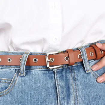 

New Hollow Big Holes Belt High Quality Alloy Pin Square Buckle Double guide ring Belt Suitable for Women Jeans Casual Waistband