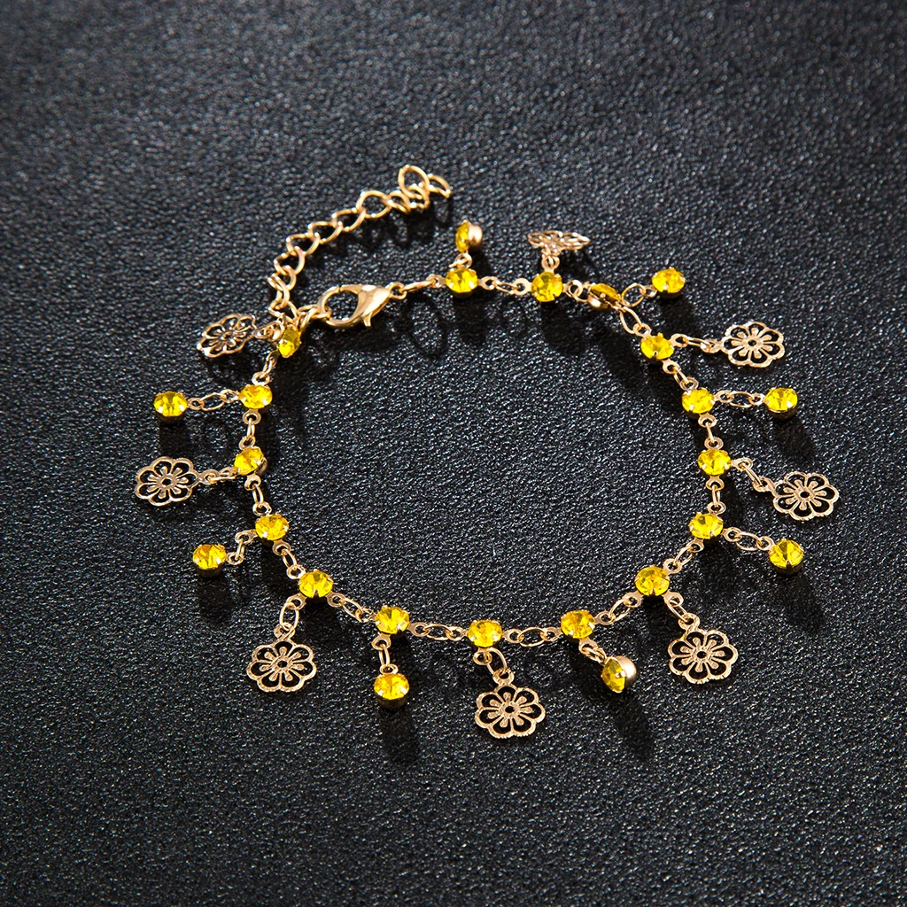 Tocona Luxury Gold Chain Flower Yellow Crystal Gem Pendant Bracelet Anklet for Women Charm Wedding Party Foot Jewelry C15203 | Украшения и