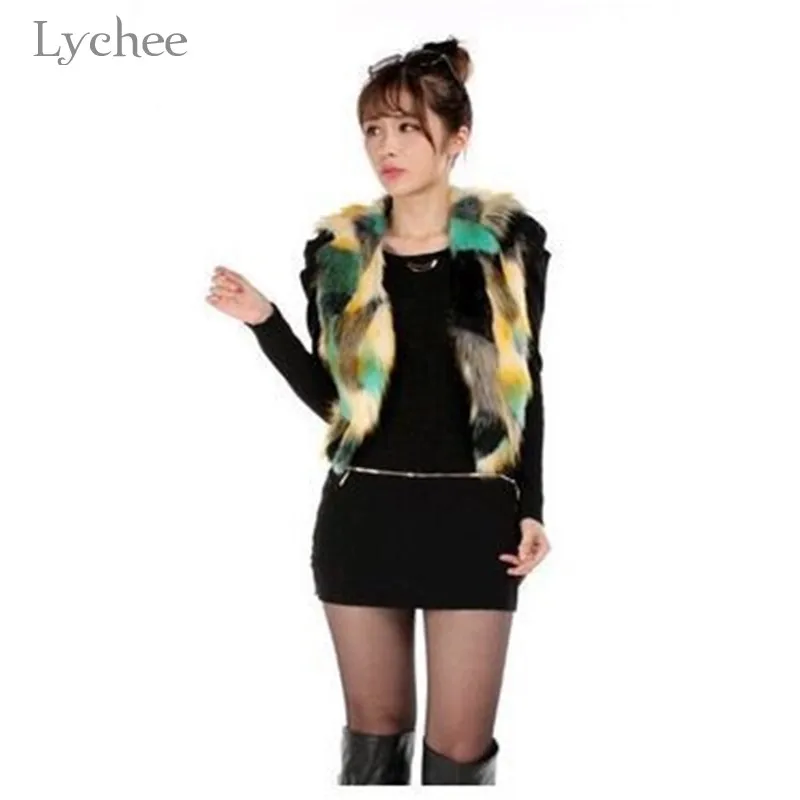 Lychee/Модный Цветной женский укороченный жилет с лисой, v-образный вырез, без рукавов, Женское пальто из искусственного меха, Женская куртка из искусственного меха