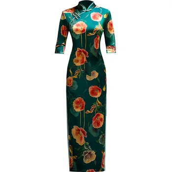 

New Arrival Oversize 3XL 4XL 5XL Autumn Vintage Half Sleeve Cheongsam Sexy Women Formal Long Dress Print Flower Velour Qipao
