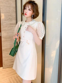 

Beaded Diamond Collar Mesh Court Sleeve Bow Waist Hugging Dress Women's 2020 Early Autumn New