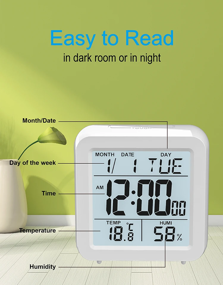 Digital Desktop LCD Snooze Calendar Alarm clock White Bedroom Watch with Thermometer & Hygrometer for Home Battery Operated digital clock table clock weather clock lcd digital clock digital desk clock digital table clock