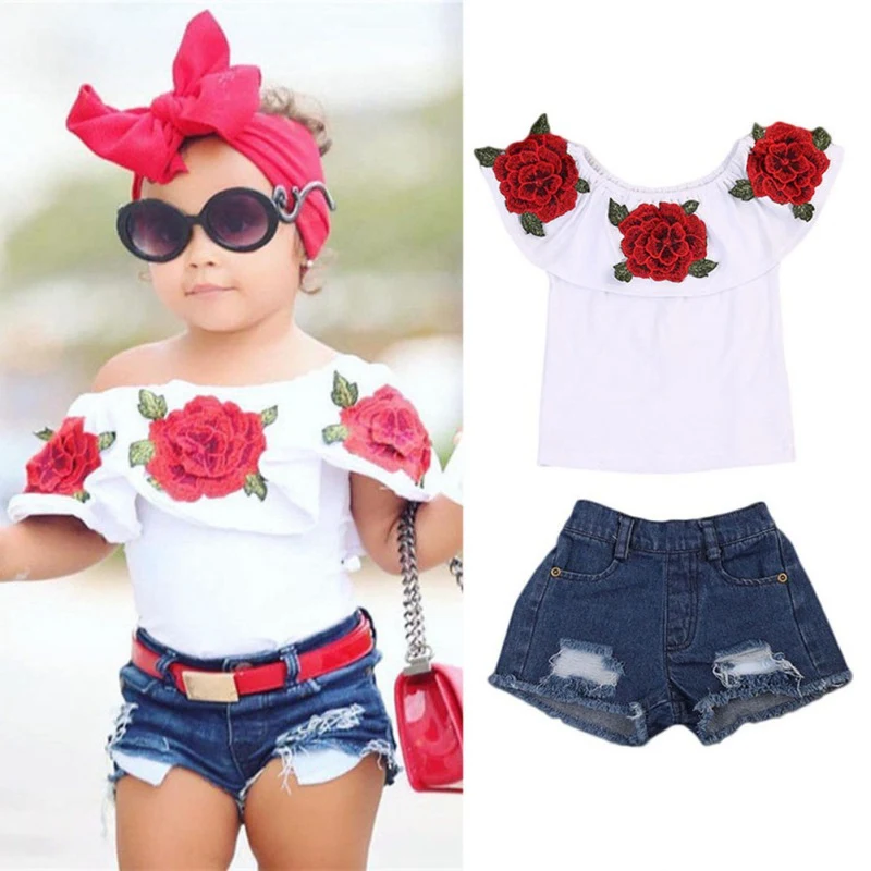 

Summer Outfits Set Clothes Casual Toddler Baby Girl Set Clothes Kids Floral Off-Shoulder T-shirt Top+Denim Short Pants