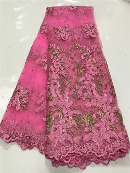 

African Beaded 3D Tulle Lace Fabric 2019 High Quality African French Stones Lace Fabric Nigerian Embroidery Tulle French Lace FW