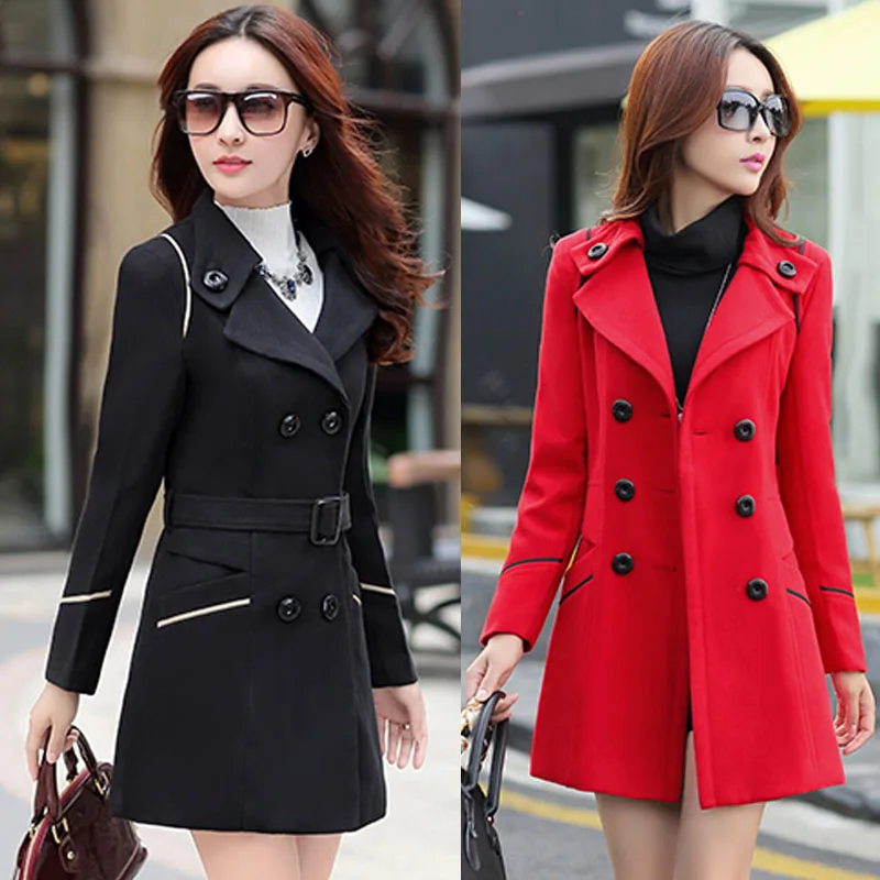 Длинное женское пальто с поясом, Женское пальто, Осеннее новое пальто, имитация шерстяного пальто, двубортная красная куртка, CH775