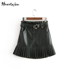 Huaxiafan, пояс-кушак, искусственная кожа, Женская юбка, плиссированные юбки, с оборками, высокая талия, Женская Мини юбка, для вечеринок, Клубная, adies, сексуальная короткая юбка