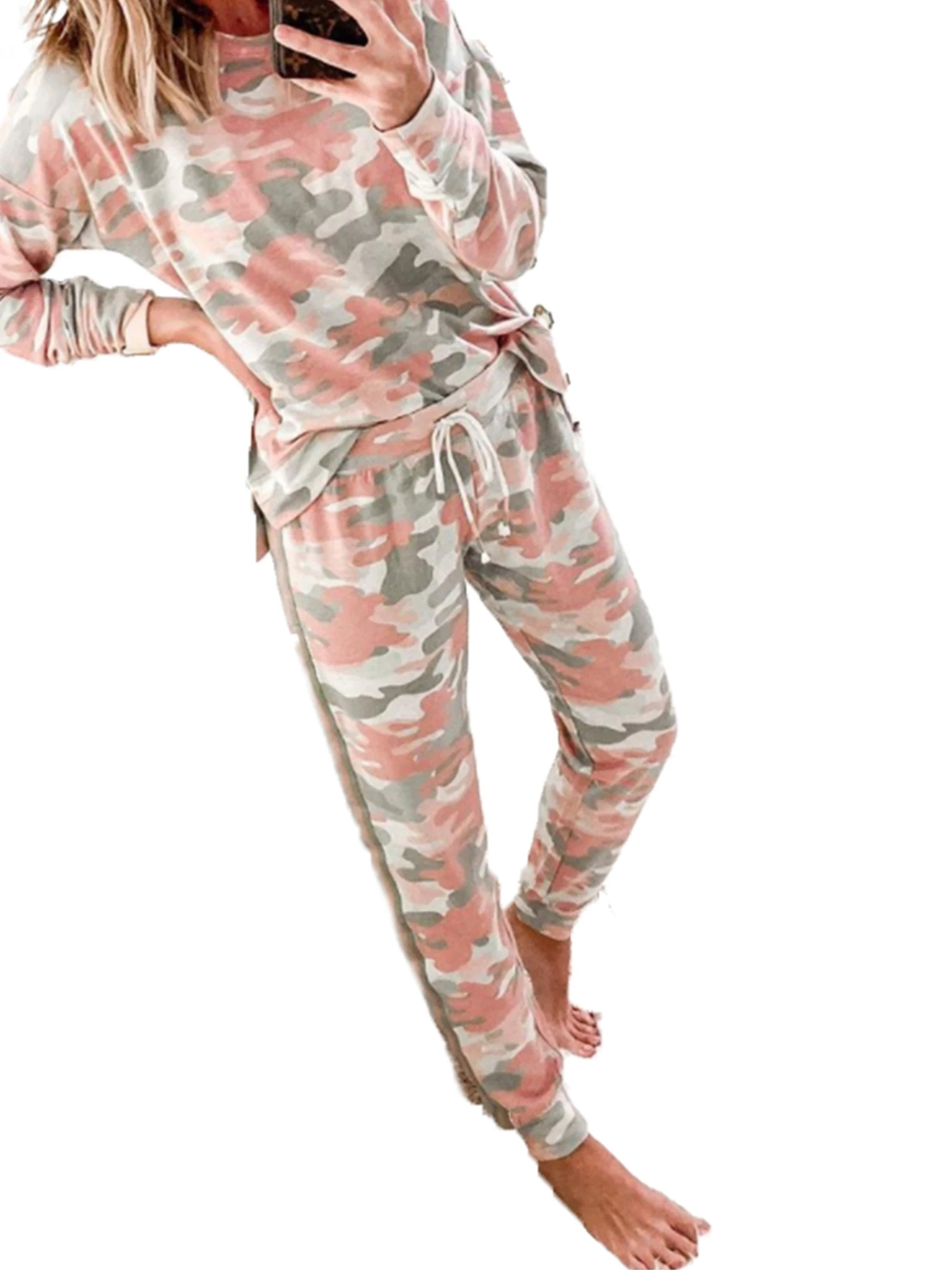

Women 2 Piece Casual Camouflage Outfit Long Sleeve Crew Neck Shirts + Long Pant Tracksuits Casual Sets