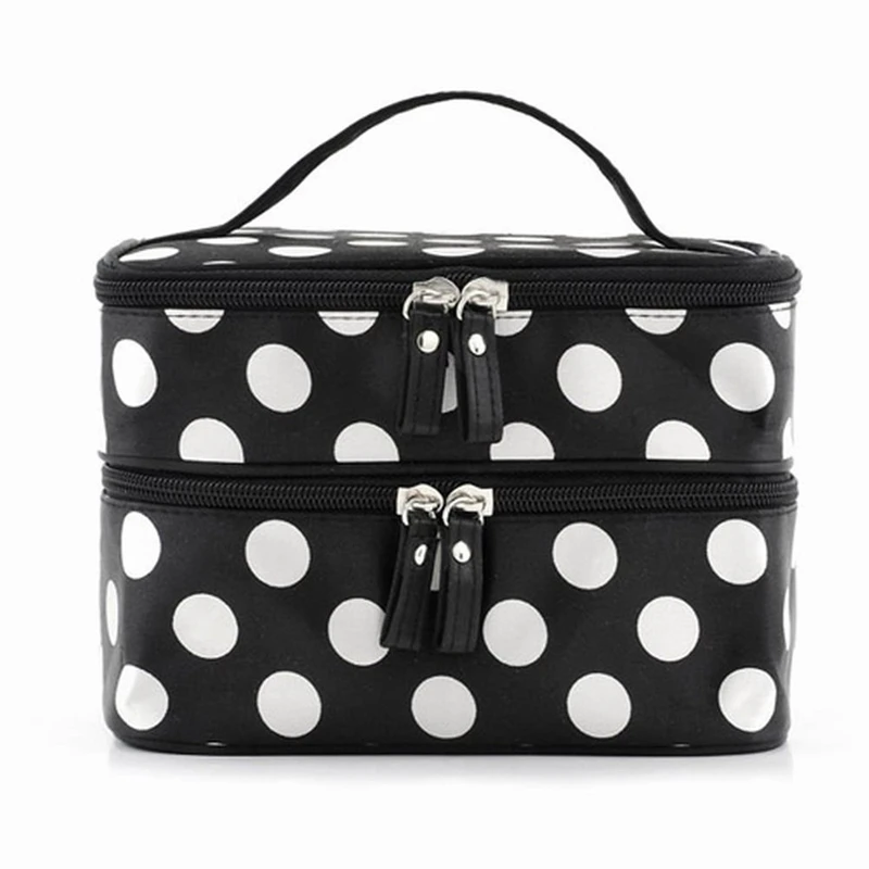 

NEW- Black Travel Cosmetics Make Up Bags Beauty Womens Organiser Toiletry Purse Handbag Polka Dots Design Gift