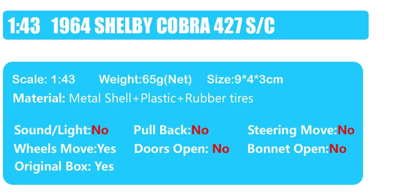 1/43 масштаб Yat Ming классика 1964 Ford SHELBY COBRA 427 S/C литье под давлением модель автомобиля AC Cobra миниатюрные игрушки детской коллекции