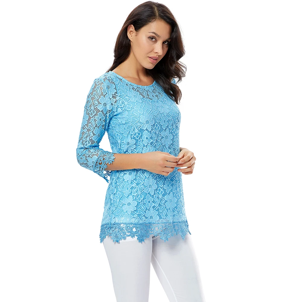 Женский комплект из двух предметов, блузки, открытые туники с круглым вырезом, небесно-голубое кружево с цветочным узором, блузка, летняя рубашка, плюс размер, H244