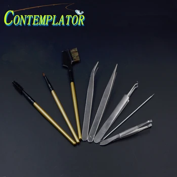 

CONTEMPLATOR 8pcs Fly Tying Tools Anti-static Tweezers&Bodkin&Dubbing Brushes Hackle Fiber Tool Variety Stainless Tweezer Set