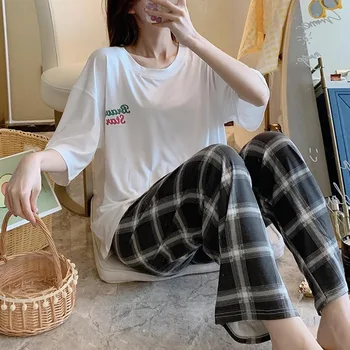 

Pajamas Set For Women Summer New Style Short-Sleeved Loose Pijama Suit Plaid Trousers Casual Comfortable Large Size Home Service