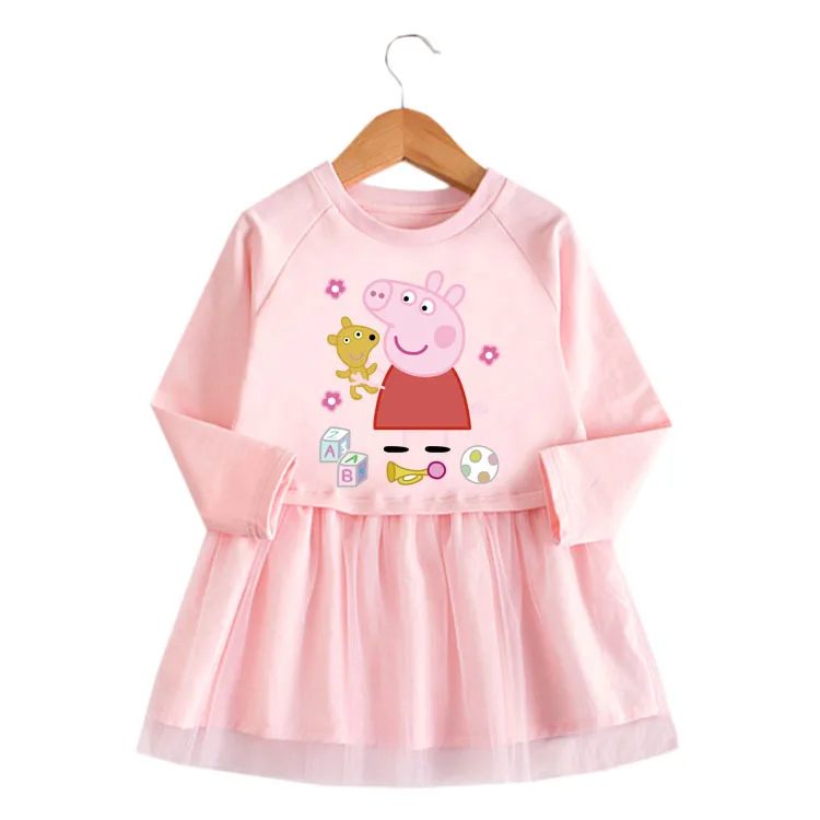 Spring and Autumn Girls Peppa Pig 100%Cotton Dress Cartoon Long Sleeve Polka Dot Baby Princess Pink Gray Dress