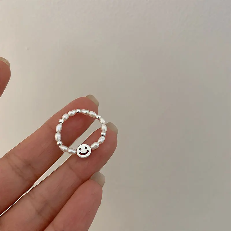 LIVVY Elegant Pearl Bead Stone Elastic Smile Rings For Women Fashion Multi Beaded Adjustable Size High-quality Jewelry Gifts
