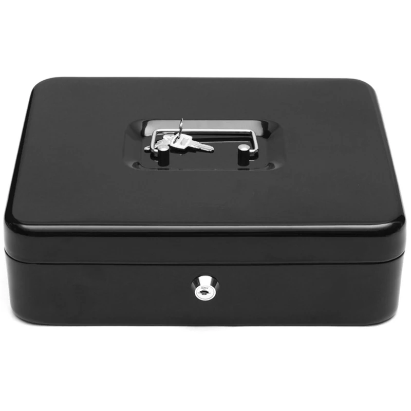 

Black Metal Iron Cash Money Box Drawer with Key Lock Security Lock Layered Tray Storage for Safe Home Office Container Tool